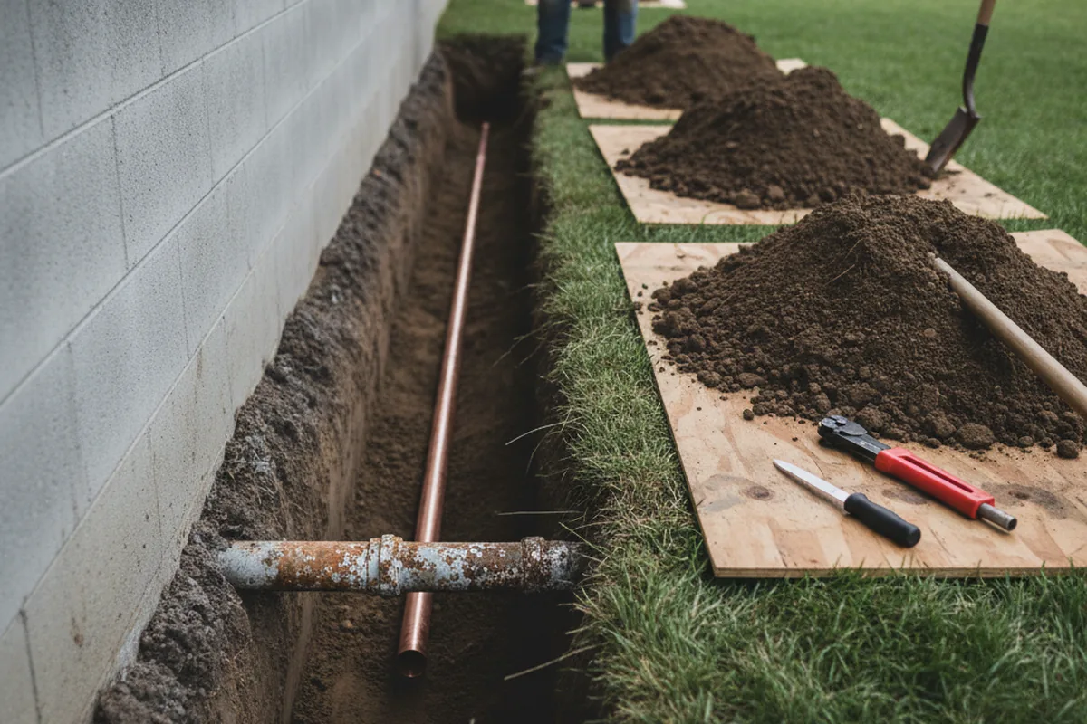 Excavated water line trench during Water Heater Repair in Cambria Heights